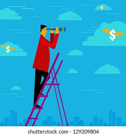 happy businessman holding binoculars and watching the money cloud