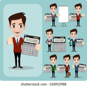 Happy Businessman Holding Calculator. Portrait Of Happy Accountant . Stock Vector illustration Set