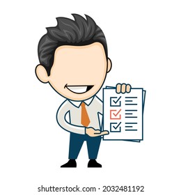 Happy businessman holding clipboard with completed checklist paper. The concept of successful businessman in cartoon style