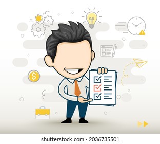 Happy businessman holding clipboard with completed checklist paper. The concept of successful businessman in cartoon style
