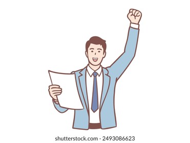 Happy businessman holding document paper and celebrating his success. Hand drawn style vector design illustrations.