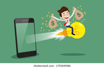 Happy Businessman Holding Dollar Money Bags And Flying On Light Bulb From Smartphone Screen, Start Up Business Concept, Cartoon Vector Illustration