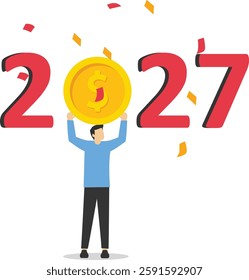 Happy businessman holding gold dollar coin with 2027 word. 2027 new year gold dollar coin. Flat modern vector illustration