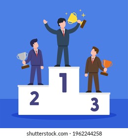 Happy businessman holding golden trophy cup. Creative concept of business success. Winner of the competition. Simple trendy cute vector cartoon character illustration. Modern flat style graphic icon.