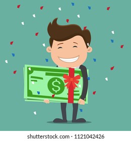 Happy businessman holding huge gift pack of green money. Vector illustration.