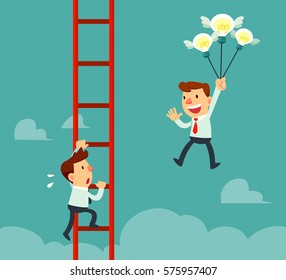 Happy businessman holding idea bulbs as balloons flying pass another businessman climbing a ladder. Business competition concept.