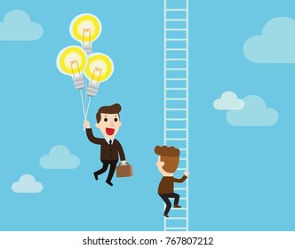 Happy businessman holding idea bulbs as balloons
flying pass another businessman climbing a ladder.
Business competition concept.
Vector flat cartoon character design background illustration
