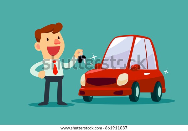 Happy\
businessman holding a key of his brand new\
car