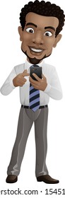 Happy businessman holding mobile phone and pointing on the screen