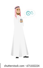Happy businessman holding mobile phone in hands. Full length of businessman with mobile phone. Businessman using mobile phone. Vector flat design illustration isolated on white background.