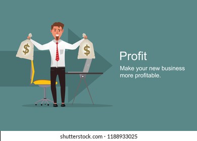 Happy businessman holding money bag in both hands and showing the profit. Money bag with dollar sign on it for more profitable business. Business, get more profit concept with successful business man.