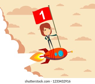 Happy businessman holding number one flag standing on rocket ship flying through starry sky. Start up business concept.