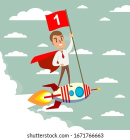 Happy businessman holding number one flag standing on rocket ship flying through sky. Start up business concept.