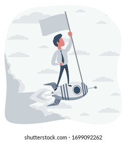 Happy businessman holding number one flag standing on rocket ship flying through starry sky. Start up business concept. Vector flat design illustration.