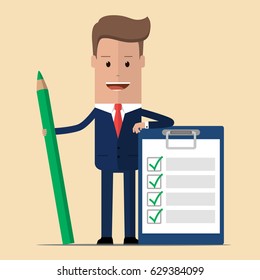 Happy businessman holding a pencil looking at completed checklist on clipboard. Vector illustration