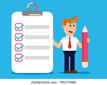 Happy businessman holding a pencil looking at completed checklist on clipboard.Concept of check clipboard.