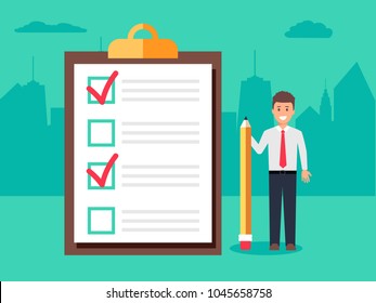 Happy businessman holding a pencil near completed checklist