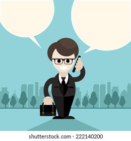 Happy businessman holding phone in his hand near head and talking bubble other hand holding briefcase with documents on city background cartoon design style