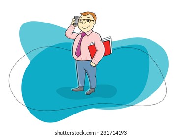 Happy businessman holding phone in his hand near head and talking other hand holding folder with documents cartoon design style