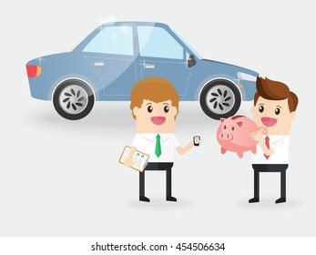 happy businessman holding piggy bank buy new car with salesman