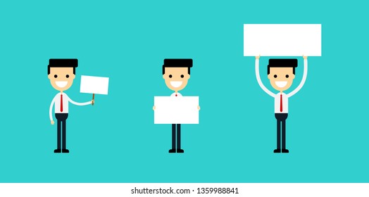 ้set of happy businessman holding a sign with different blank banners. isolated on blue background. vector illustration.