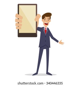 Happy businessman holding a smartphone, vector cartoon