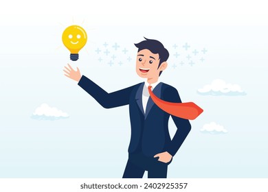 Feliz hombre de negocios con una sonriente idea de bombilla de luz con vibraciones positivas alrededor, pensamiento positivo, mentalidad optimista o buena actitud hacia el éxito en el trabajo, siempre tener idea para resolver cualquier problema (Vector)