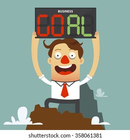 Happy businessman holding substitution board with GOAL massage.  Cartoon. Vector Illustration