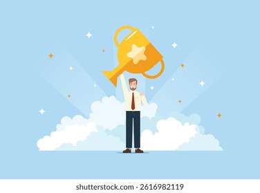 Happy businessman holding a trophy. A businessman who wins from competition. Business career success concept and pride of victory. Vector illustration flat design style