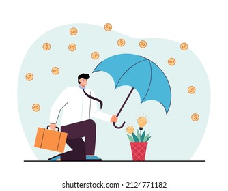 Feliz hombre de negocios sosteniendo el paraguas por encima de la planta de ideas. Planta de bombillas, lluvia de monedas de oro ilustración vectorial plana. Finanzas, inicio, concepto de innovación para banner, diseño de sitios web o página web de aterrizaje