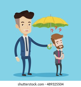Happy businessman holding umbrella over young man. A hipster man standing under the umbrella and question marks. Concept of protection and insurance. Vector flat design illustration. Square layout.