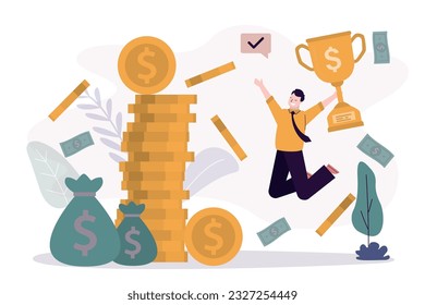 Happy businessman holding winner cup. Lucky winner won big prize or received bonus. Successful investor earned lot of money, profitable deal has enriched. Best worker award. Reward after competition.