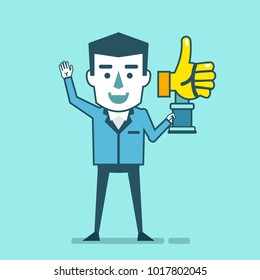 Happy businessman holds golden thumb up award. Successful social media marketing concept. Simple style vector illustration