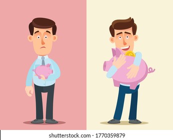 Happy businessman hugs a full piggy bank with cash money. Another unhappy businessman is holding a small empty piggy bank. Make financial savings. Vector illustration, flat cartoon style, isolated.