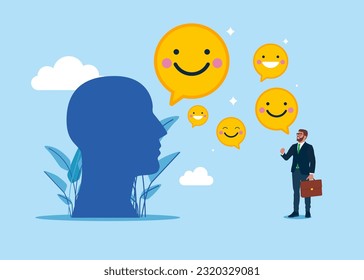 Happy businessman and human head holding smiling face emoji. Employee happiness, job satisfaction, company benefit, positive attitude. Flat vector illustration