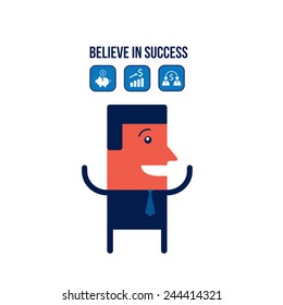 Happy businessman with icons Business success concept Vector illustration