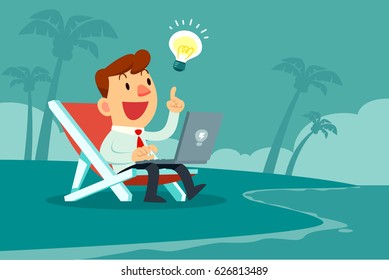 Happy businessman with idea bulb working with computer on the beach. Remote working and freelance concept.