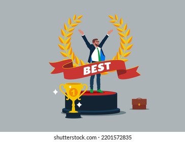 Happy businessman inside of award wreath with ribbon. Clerk or manager best workers winning trophy. Flat vector illustration.