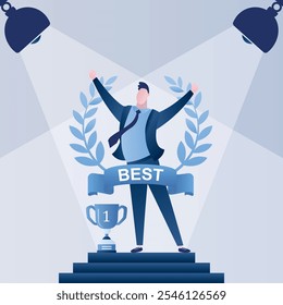 Hombre de negocios feliz dentro de la corona de premio con la cinta. Plantilla exitosa del concepto de resultados. Empleado o gerente mejores trabajadores ganando trofeo. Las lámparas iluminan el podio. Ilustración vectorial de estilo de moda