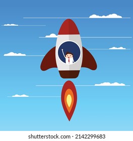Happy Businessman inside Rocket Startup Idea