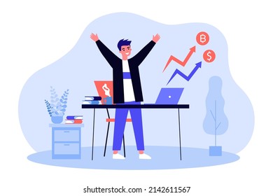 Happy businessman investing in rising bitcoin. Financial increase of mans investment in stock market flat vector illustration. Crypto money concept for banner, website design or landing web page