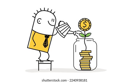Happy businessman, investor holding watering can. Stick figure. Doodle style. Vector illustration.