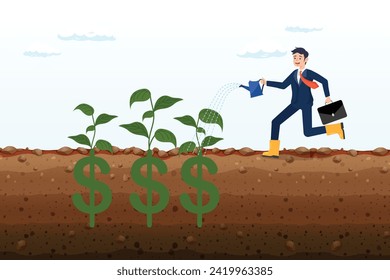 Happy businessman investor holding watering can to watering grow sprout seedling he plant from dollar sign, dividend investment, prosperity and economic growth or saving and business profit (Vector)