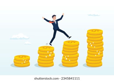 Happy businessman investor jumping on stack of growth compound money coins, compound interest, money growth investment, prosperity or earning and profitability stock (Vector)