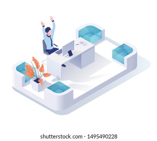 Happy businessman isometric vector illustration. Office worker, manager behind desk 3D cartoon character. Company employee raising hand in joy, stress. Success celebration, working overtime, burnout