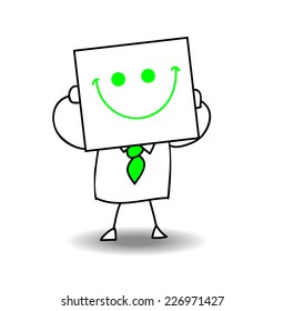 Happy businessman. Joe is holding a sheet of paper on which is drawn a happy face. he is very happy, it is a metaphor of the joy of life and of the cheerfulness