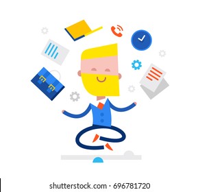 Happy businessman juggles with briefcase, documents, clock, phone and laptop. Concept Flat Vector Illustration