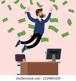 Happy businessman jump in air falling money rain in office. Success finance business, falling cash. Vector illustration cartoon style isolated