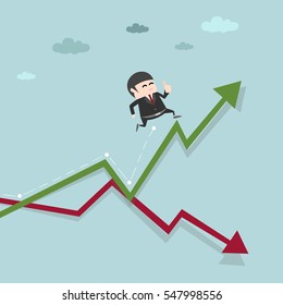 Happy Businessman jump on the growing green graph as he choosing the right decision and the right time to change the way, business concept cartoon illustration, EPS10
