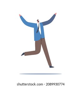 Happy Businessman Jump with Raised Arms, Male Character Feel Positive Emotions, Rejoice, Victory or Success. Man in Good Mood Laughing Isolated on White Background. Cartoon People Vector Illustration